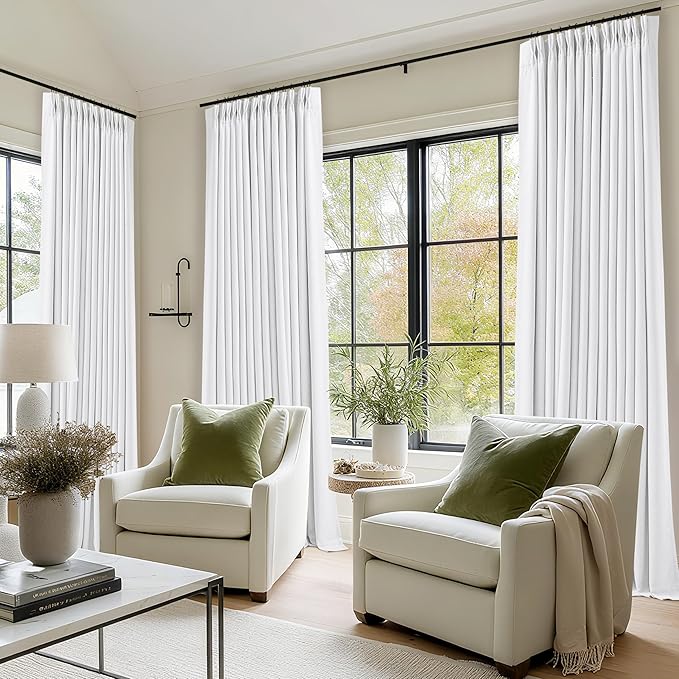 Pure White 96 Inch Blackout Pinch Pleated Curtains 2 Panel Set for Living Room Darkening Thick Linen Textured 100% Black Out Drapes 96 Inches Long Pinch Pleat Light Blocking Bedroom Soft Snow White