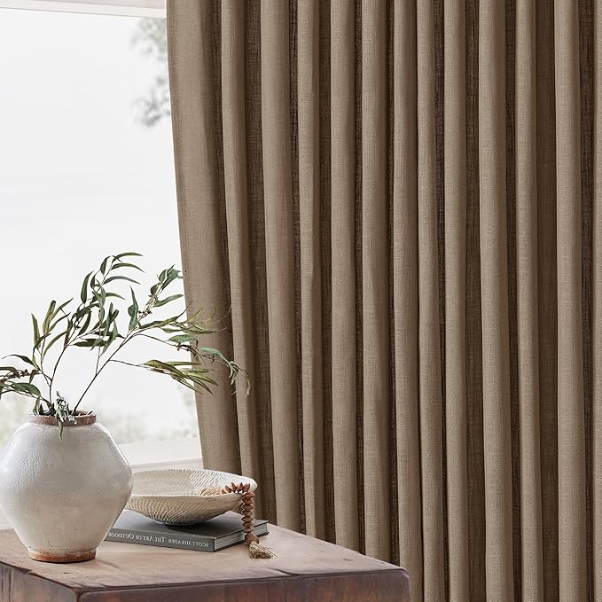 Dutch Cocoa Pinch Pleated Short Linen Curtains 45 Inch Length 2 Panels for Living Room Bedroom Memory Trained Semi Sheer Pleat Drapes with Hooks Rings Light Filtering Kitchen Window Curtain 40x45