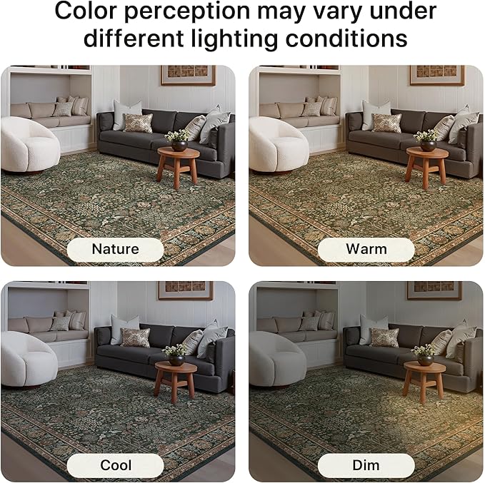 Bavni Washable Rugs 3x5-Machine Washable Rug Lightweight Low Pile, Vintage Floral Rug Non-Shedding Distressed Throw Carpet for Living Room Bedroom Office, Dark Green/Multi