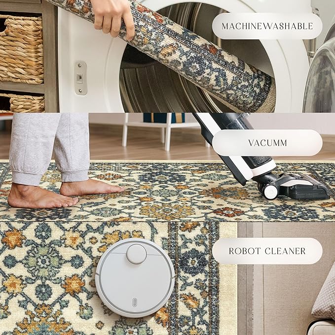 Maples Rugs Benton Oriental Runner Rug – Made in USA – Washable, Non-Slip, Low Profile Indoor Rug for Hallway, Kitchen, and Laundry Room, 2' x 6', Beige