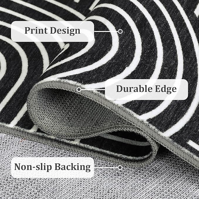 Washable Rug 2x3 Area Rugs for Entryway, Abstract Rug for Bedroom, Soft Rainbow Non Slip Small Area Rug with Rubber Back, Low Pile Stain Resistant Boho Geometric Carpet for Dining Room, Black