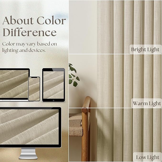 Beige Linen Curtains 112 Inches Long 2 Panels Pleated for Living Room Bedroom Memory Training Shaped Semi Sheer Neutral Flax Burlap Pinch Pleat Drapes Hooks Rings Light Filtering Window Curtain