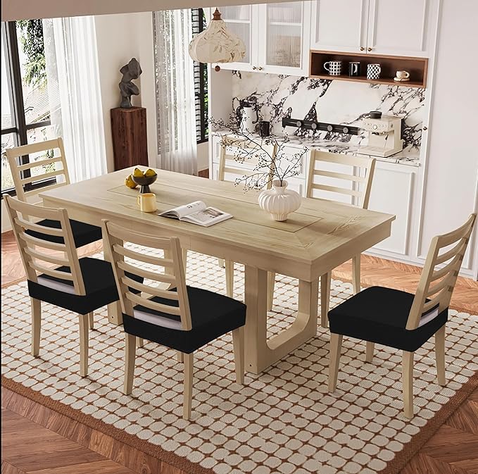Smiry Waterproof Seat Covers for Dining Room Chairs Set of 6, Stretch Jacquard Removable Washable Chair Seat Slipcovers Protector, No Rear Covers, Black