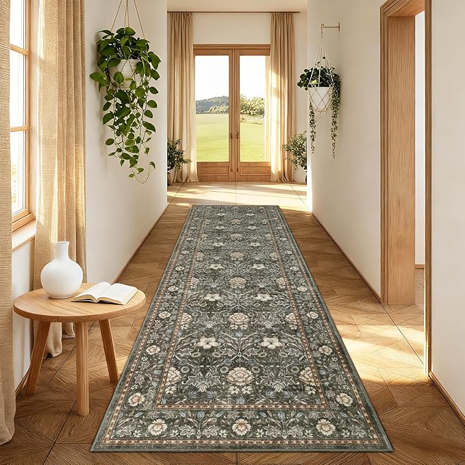 GarveeHome Washable Runner Rug 2x6, Non Slip Floral Kitchen Runner for Hallway Entryway Laundry Bathroom Mat Farmhouse Thin Stain Resistant Carpet for Bedroom Beside Rug