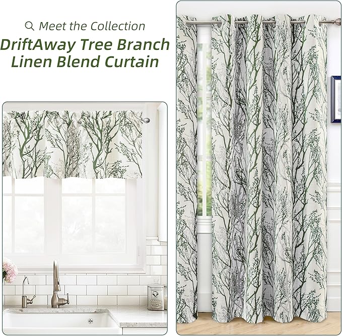 Driftaway Tree Branch Linen Lined Valance Double Layer Thermal Insulated Room Darkening Blackout Valances 3 Inch Rod Pocket Short Window Valance for Living Room Bathroom 52 Inch by 14 Inch Loden Green