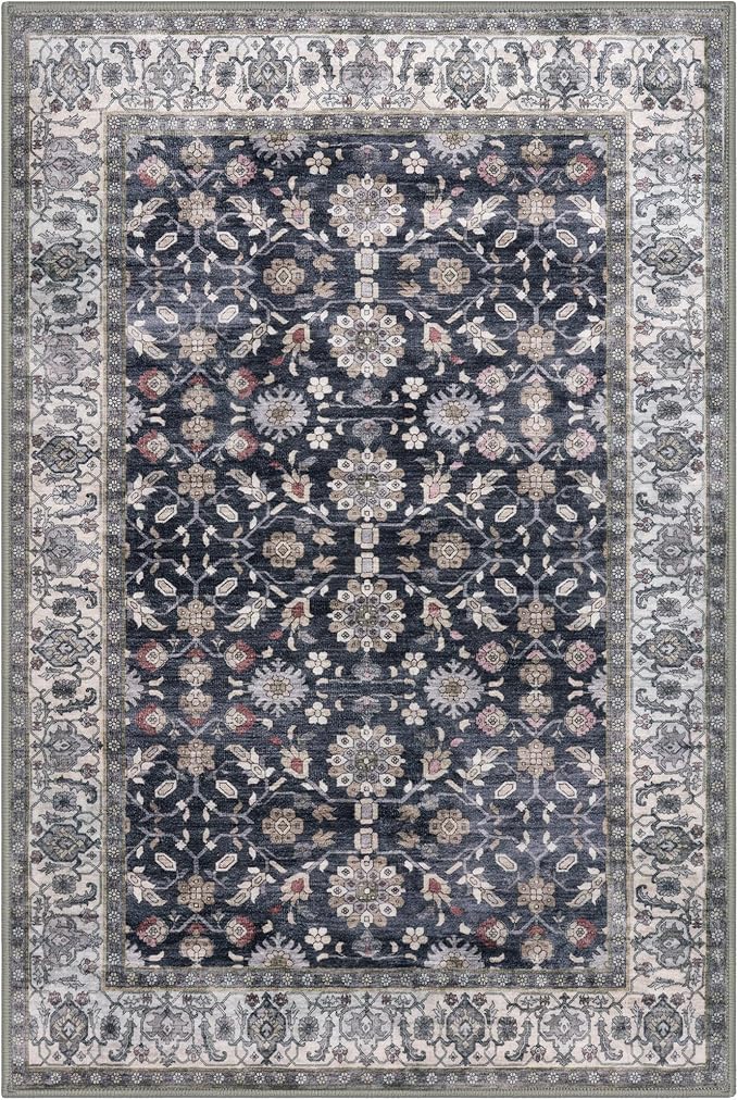 KUTA Vintage Floral Entryway Rug 2x3, Kitchen Rugs Non-Slip Washable Throw Rug, Grey Black Beige Ultra Thin Soft Print Front Door Mat Indoor Doormat for Entrance, Bedside, or Small Spaces