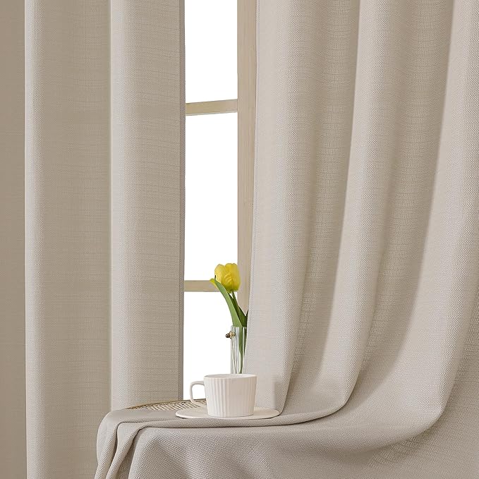 Chyhomenyc Curtains 63 Inch Length 2 Panels, Faux Linen Textured Semi Sheer Light Filtering Soft Airy Rod Pocket Window Treatment Drapes for Living Room Bedroom, Each 40 Wx63 L, Moon Beige