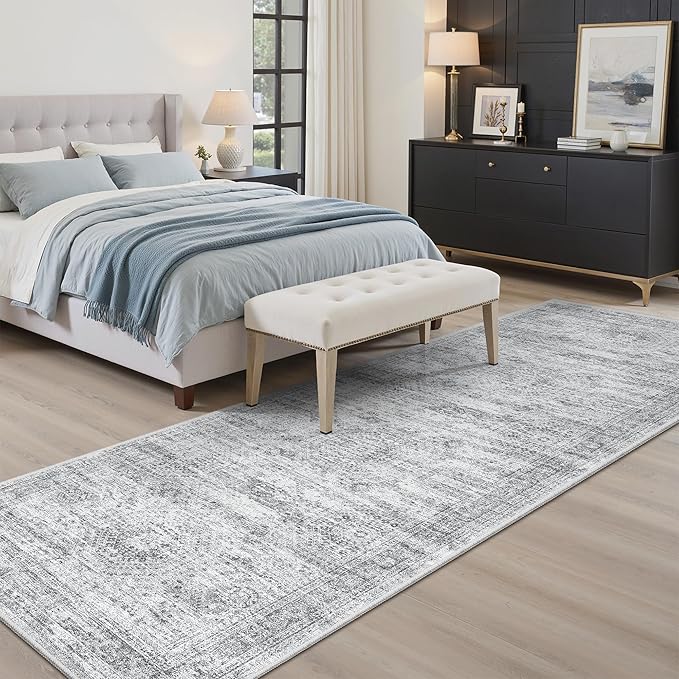Soalmost Washable Runner Rug, 2'6" x 8' Non-Slip Kitchen Vintage Foldable Hallway Runners for Entryway, Laundry, Bedroom, Grey