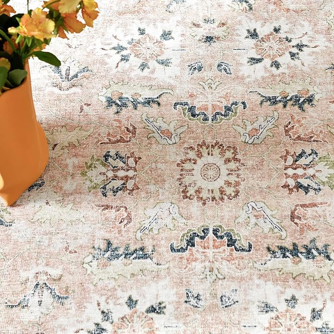 jinchan Runner Rug 2x6 - Hallway Rug Kitchen Washable Runner Vintage Floral Boho Lightweight Thin Non-Slip Retro Distressed Carpet for Entryway Bathroom Bedroom Laundry Room Pink Blush
