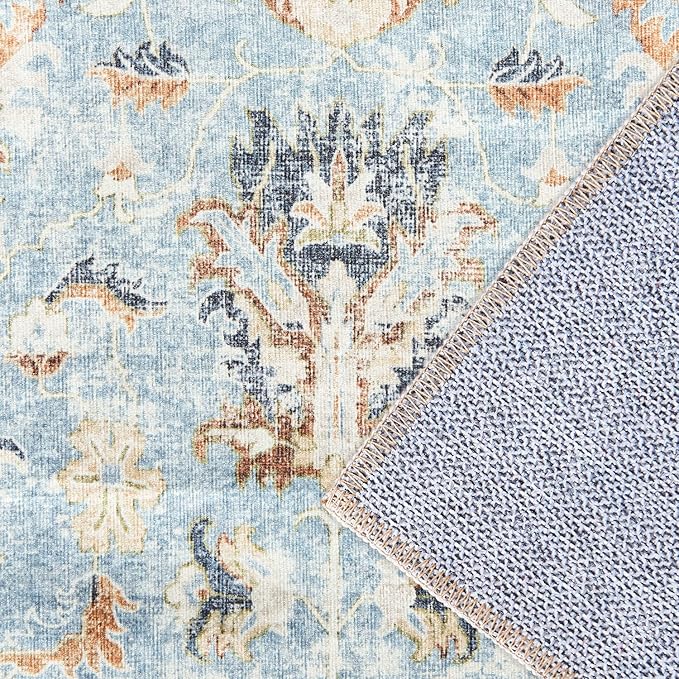 jinchan Area Rug 2x3 Entryway Rug - Washable Vintage Floral Doormat Small Door Mat Indoor Boho Lightweight Thin Non-Slip Retro Distressed Carpet for Doorway Kitchen Bathroom Bedroom Light Blue