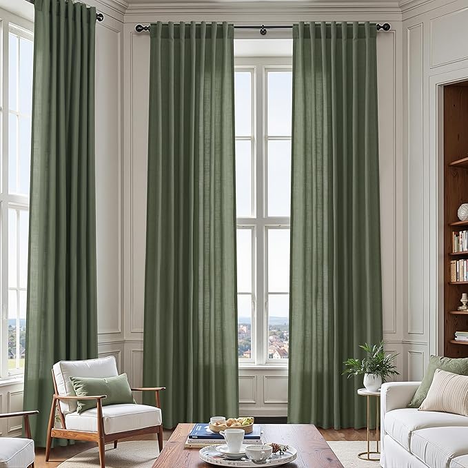 Olive Green Linen Curtains 80 Inch Length 2 Panel Set Back Tab Rod Pocket Semi Sheer Light Filtering Short Curtain Farmhosue Country Style Bay Window for Living Room Bedroom 40x80