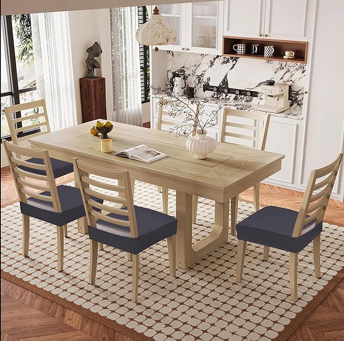 Smiry Waterproof Seat Covers for Dining Room Chairs Set of 8, Stretch Jacquard Removable Washable Chair Seat Slipcovers Protector, No Rear Covers, Dark Grey