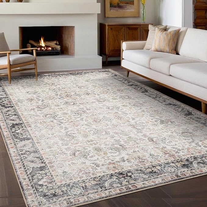 GarveeHome Vintage Floral Area Rug 8x10 Large Soft Washable Rugs for Living Room, Ultra-Soft Retro Distressed Neutral Carpet, Low Pile Non Slip Oriental Floor Mats for Bedroom, Nursery, Beige