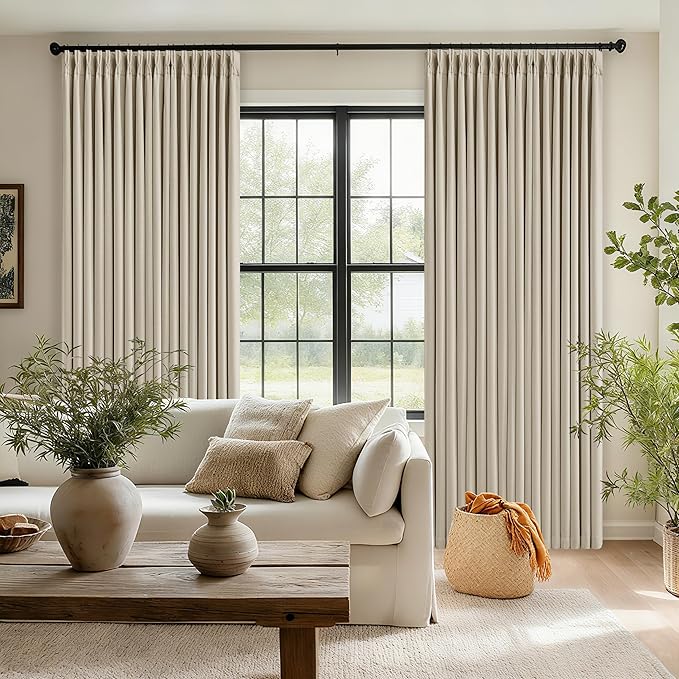 112 Inch Linen Blackout Curtains 112 Inches Long for Bedroom Neutral Boho Pinch Pleated 100% Black Out Room Darkening Sound Dampening Window Drapes Double Layer Soundproof 112 Inch Curtains Oatmeal