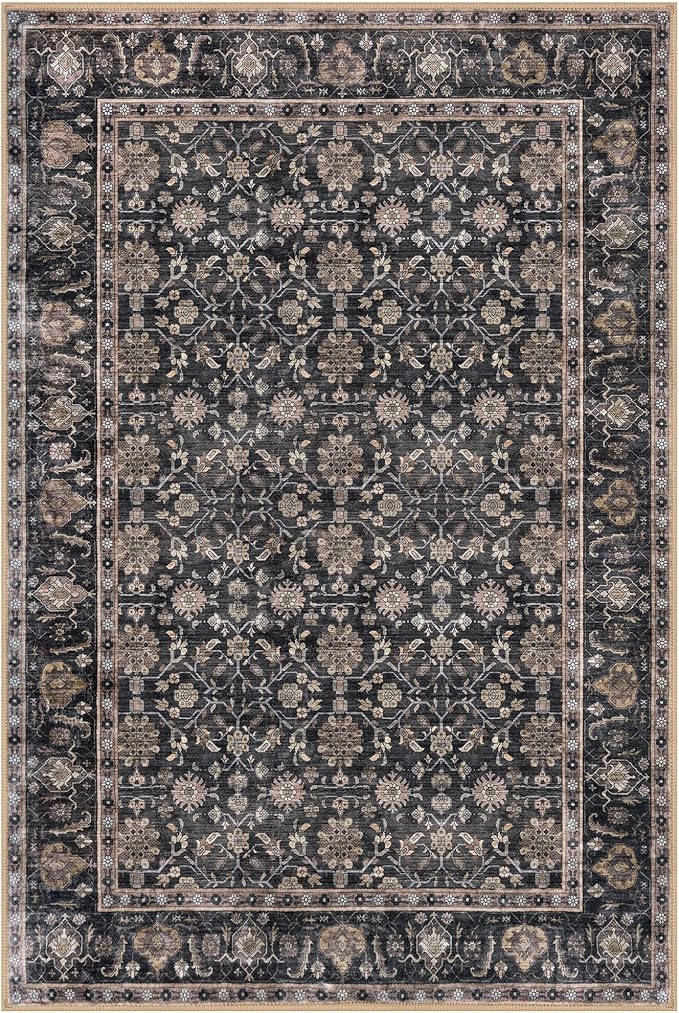 KUTA 5x7 Area Rugs, Vintage Washable Rugs for Living Room Brown Ultra Thin Soft Non-Slip Printed Distressed Traditional Farmhouse Carpet for Bedroom Dining Room Dorm Office Home