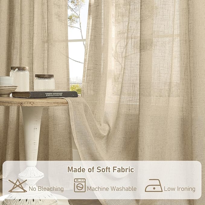 LAMIT Brown Semi Sheer Linen Curtains 48 Inch Length 2 Panels, Light Filtering Panels Back Tab and Rod Pocket Neutral Drapes for Kitchen/Window/Loft Room, 34 x 48 Inch