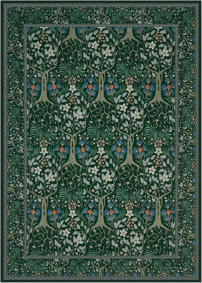Joydeco Washable Rugs 5x7, Boho Dark Green Floral Bedroom Rug Non Slip, Soft Low-Pile Botanical Forest Indoor Floor Throw Carpet for Dining Table Living Room Playroom Dorm Home Office