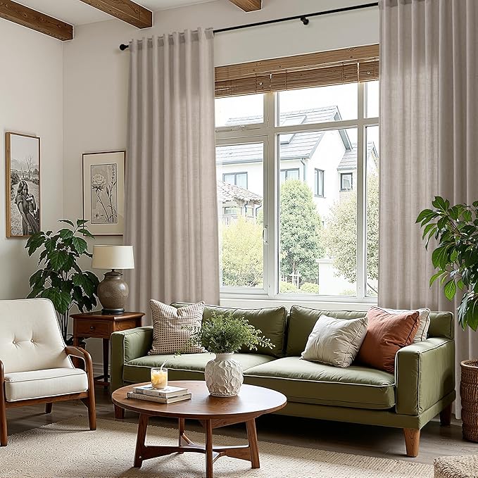Nanspring 102 Inch Long Curtains for Living Room Stone Beige Linen Light Filtering Semi Sheer Curtain Back Tab Simple Modern Floor to Ceiling Farmhouse Drapes for Bedroom Office 52x102, 2 Panels