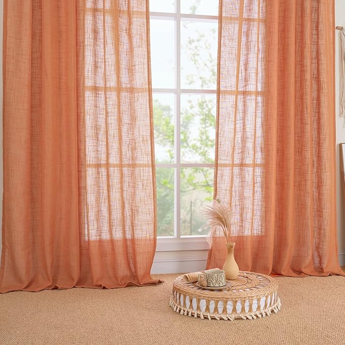 LAMIT Burnt Orange Semi Sheer Window Linen Curtains 63 Inch Length, Light Filtering Panels Back Tab and Rod Pocket Country Decor Drapes for Bedroom/Living Room, 2 Panels, 34 x 63 Inch