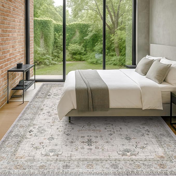 Hazo Haus Boho Light Grey Living Room Rug 9x12 - Modern Vintage Eclectic Floral Pastel Neutral Taupe, Washable Low Pile Non-Slip Extra Large Area Rugs for Dining Under Table Bedroom