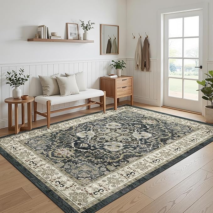 Black 5x7 Washable Area Rug, Non-Slip Soft Ultra-Thin Polyester Carpet with Vintage Stain Resistant Indoor Rug for Living Room, Bedroom, Dining Room, Nursery Oeko-TEX - Black
