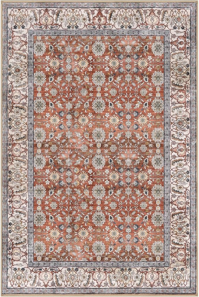 KUTA Vintage 8x10 Area Rugs for Living Room, Red Clay Washable Large Rug for Bedroom 8ft x 10ft Non-Slip, Ultra Thin Soft Printed Traditional Floral Distressed Dining Room Low-Pile Carpet
