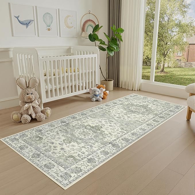 Washable Hallway Runner Rug - 2x6 Kitchen Rug Distressed Low Pile Mats Non Slip Soft Rugs for Dining Room with Rubber Backing Bedroom Runner with Vintage Design (Green 2x6)