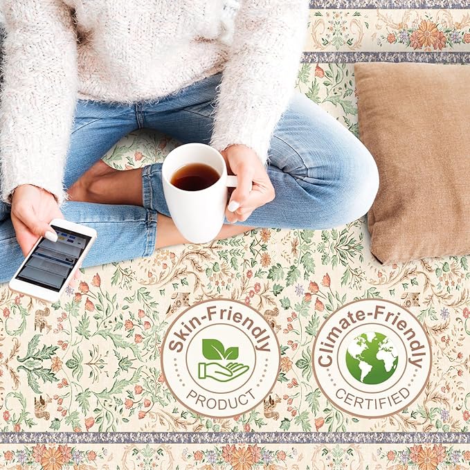 3x6 Botanical Rug Washable Non-Slip – Soft Wide Floor Carpet Runner for Kitchen Entryway Hallway Bathroom, Vintage Florals Animals Low Pile Area Rug (Cream)