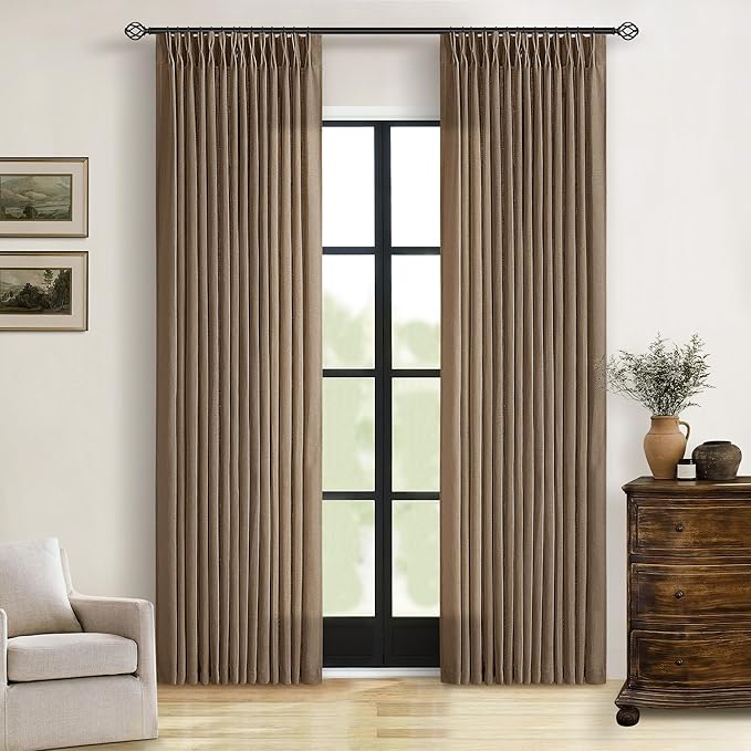 TWODRAPES Brown Pinch Pleated Linen Curtains 84 Inches Long 2 Panels Set Living Room Dining Pinch Pleat Back Tab Light Filtering Boho Farmhouse Bedroom Window Curtain Drapes 84 Inch Length Dutch Cocoa
