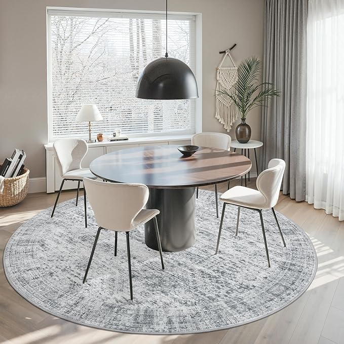 Soalmost 8x8 Grey Round Rug 8ft Living Room Circle Rug Vintage Round Area Rug Non Slip Indoor Carpet for Apartment