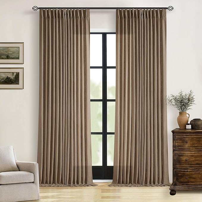 Extra Long Brown Linen Curtains 120 Inches Long Dutch Cocoa Boho Country Farmhouse Curtain Light Filtering Semi Sheer Back Tab Pinch Pleat Curtain for Tall Ceiling Living Room Bedroom 2 Panels