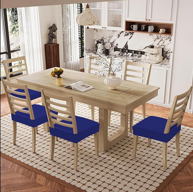 Smiry Waterproof Seat Covers for Dining Room Chairs Set of 6, Stretch Jacquard Removable Washable Chair Seat Slipcovers Protector, No Rear Covers, Royal Blue
