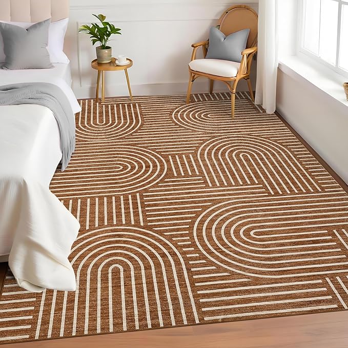 ROYHOME Washable Rug 8x10 Area Rugs for Living Room, Abstract Rug for Bedroom, Soft Rainbow Non Slip Throw Rugs With Rubber Back, Low Pile Stain Resistant Boho Geometric Carpet for Dining Room, Copper