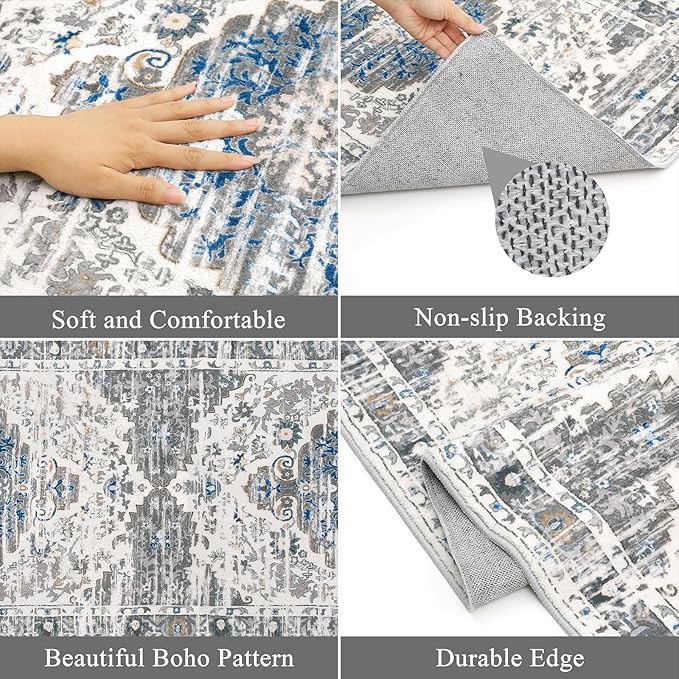 Ileading Washable Hallway Runner Rugs, 2x8 Non Slip Runners Area Rug for Entryway Kitchen Bathroom Bedroom Laundry Living Room, Long Narrow Low-Pile Floor Carpet Boho Vintage Throw Mat for Kids Room