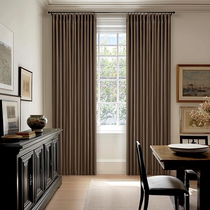 Latte Pleated Linen Blackout Curtains 84 Inches Long for Bedroom Living Room Pinch Pleat Black Out Thermal Insulated Ring Hooks Back Tab Room Darkening Drapes Light Brown Curtains with Liner