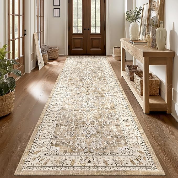 LOKHOM Washable Runner Rug, 3x10 Non-Slip Vintage Kitchen Runner Rug with Rubber Backing, Boho Floral Soft Faux Wool Hallway Rug Carpet Runner for Laundry Entryway Bedroom (Beige Brown)