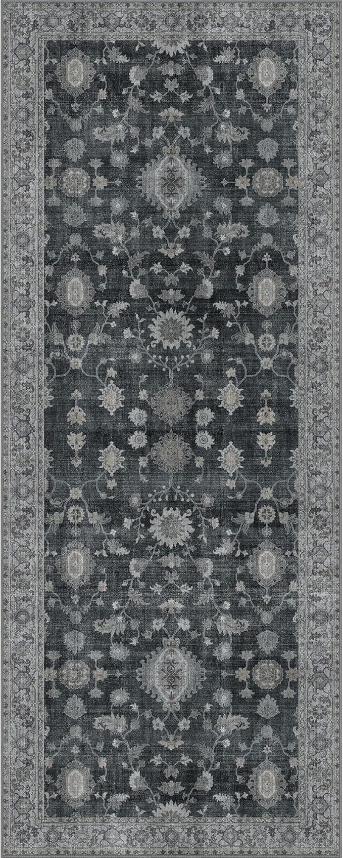 GENIMO Runner Rug for Hallways Machine Washable, 2x10 Non Slip Boho Vintage Lightweight Washable Runners, Thin Floor Rugs for Entryway Hallway Bathroom Laundry Room Corridor, Charcoal