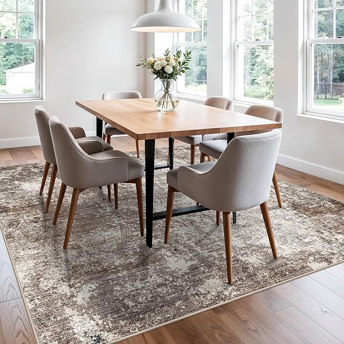 8x8 Square Living Room Area Rug – Washable Modern Neutral Abstract Indoor Rug for Bedroom, Dining Room, Kitchen – Non-Slip Soft Low-Pile Floor Carpet (Brown Beige,8x8)