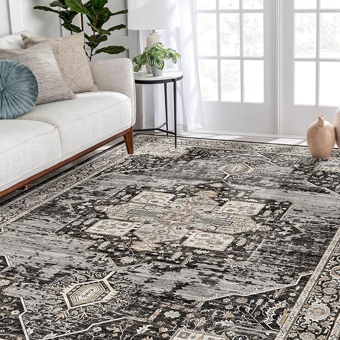 RUUGME Washable 8x10 Area Rugs - Large Rugs for Living Room Stain Resistant Carpet Vintage Rugs for Bedroom with Non Slip Backing Home Decor Floor Decoration Mat (8x10 Black)