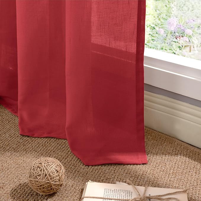 YoungsTex Red Linen Semi Sheer Curtains 72 Inch Length for Living Room, Light Filtering Window Drapes with Grommet Privacy for Dining Bedroom, 2 Panels, 52 X 72 Inch