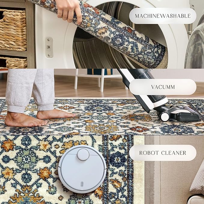 Maples Rugs Benton Oriental Area Rugs – Made in USA – Washable, Non-Slip, Low Profile Indoor Rug for Entryway, Foyer, Kitchen, and Bathroom, 30" x 46", Beige