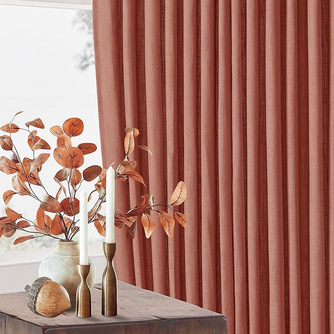 Firebrick Pleated Linen Curtains 96 Inches Long for Living Room 2 Panel Set Semi Sheer Light Filtering Pinch Pleat with Rings Hooks Drapes Farmhouse Rustic Terracotta Red Clay Curtain Bedroom Window