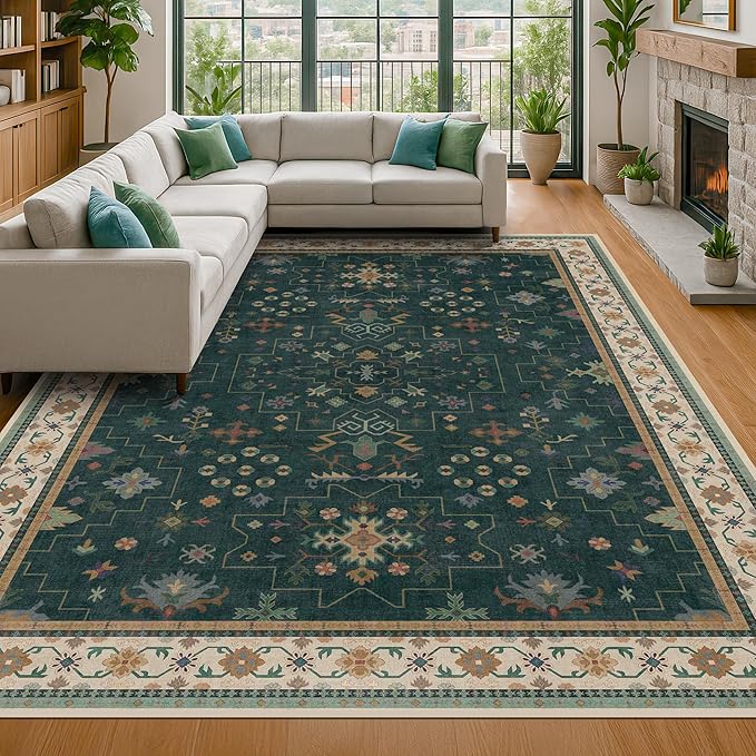 Hazo Haus Dark Green Vintage Living Room Rug 9x12 - Boho Unique Floral Victorian Decor, Washable Low Pile Non-Slip Extra Large Area Rugs for Dining Under Table Bedroom