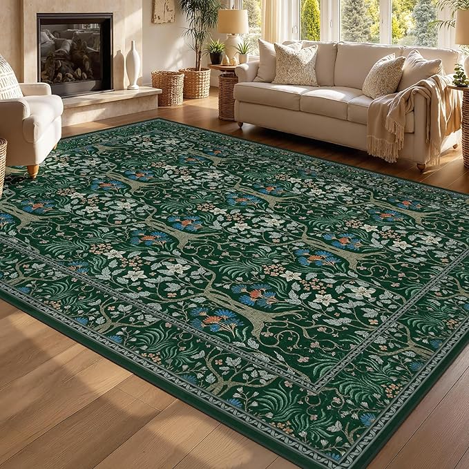 Joydeco Floral Washable 6x9 Area Rugs, Soft Vintage Rug for Bedroom Living Room Ultra-Thin Non Slip, Boho Stain Resistant Indoor Floor Throw Carpet for Home Office, Dark Green