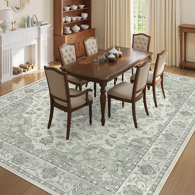 Green 8x10 Washable Large Area Rug, Non-Slip Soft Ultra-Thin Polyester Carpet with Vintage Vintage Stain Large Rug for Living Room, Bedroom, Dining Room & Open-Concept Spaces Oeko-TEX - Green