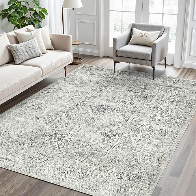 Soalmost 5x7 Area Rugs Grey Low Pile Indoor Washable Trendy Faded Style Floral Rugs for Bedroom Living Room Dining Room Foldable Non-Slip Thin Print Mat