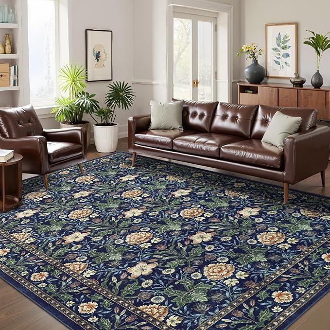 GarveeHome Washable Area Rug 6x9, Soft Vintage Floral Bedroom Rug Non Slip Low Pile Forest Green Carpet Stain Resistant Retro Navy Throw Rug for Bedside Kids Room Office Dining Room