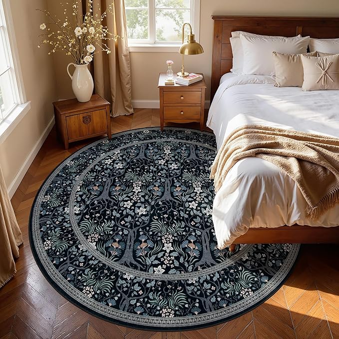 Joydeco Washable Large Round Area Rug for Living Room, Vintage Round Rugs 8ft Non Slip, Soft Throw Circle Carpet for Bedroom, Dining Room Under Kitchen Table, Black-Blue Floral Décor