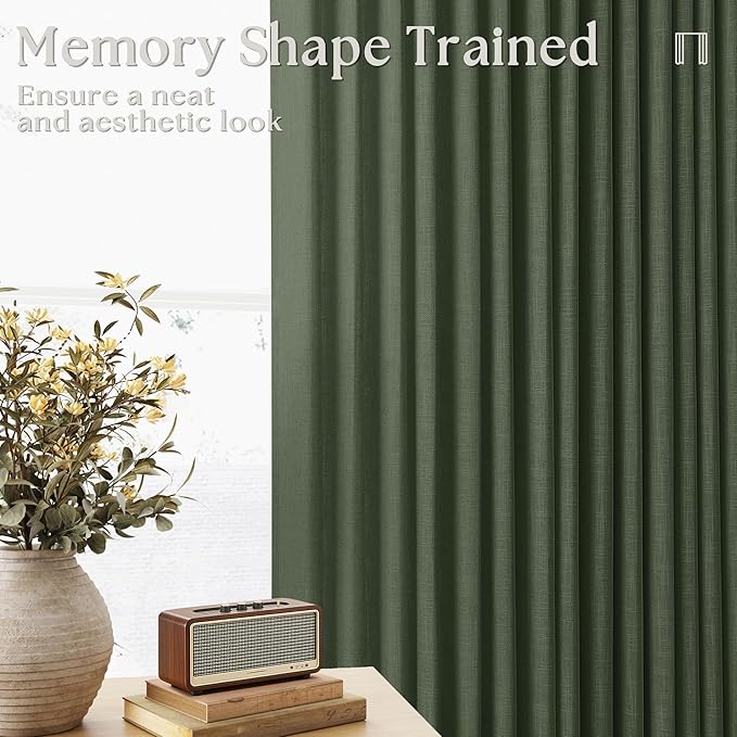 108 Inch Linen Pleated Curtains 2 Panels Set for Living Room Bedroom Farmhouse Cotton Rustic Farmhouse Back Tab Memory Trained Pinch Pleat Window Curtain Olive Green 108 Inch Length for Office 9FT