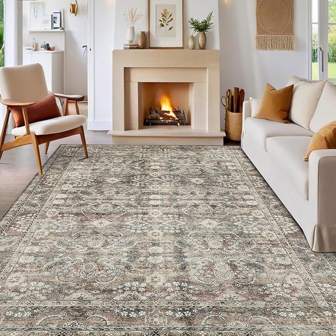 GarveeHome Vintage Floral Area Rug 8x10 Large Soft Washable Rugs for Living Room, Ultra-Soft Retro Distressed Neutral Carpet, Low Pile Non Slip Oriental Floor Mats for Bedroom, Nursery, Camel